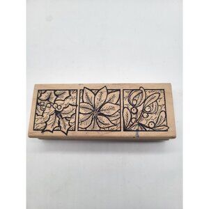 Magenta Wooden Rubber Stamp Block Christmas Poinsetta & Holly Berry Holiday